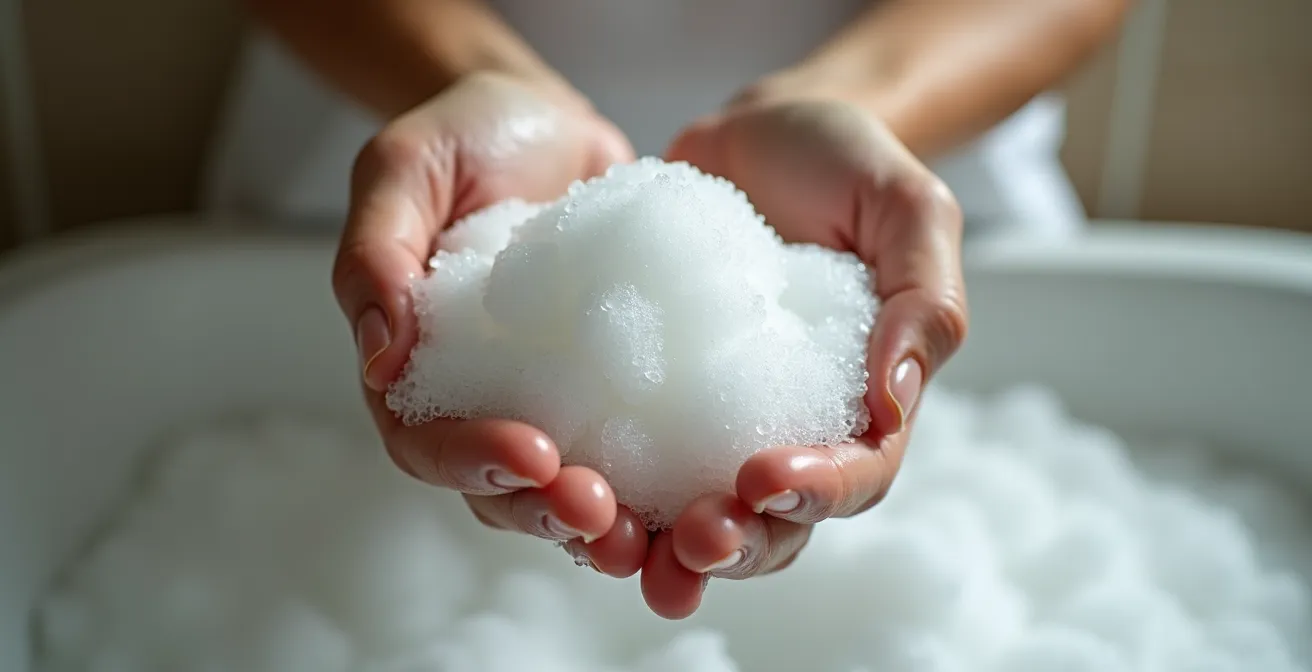 Mains créant de la mousse onctueuse avec un shampoing solide