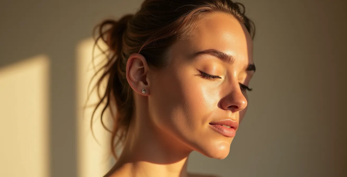 Visage serein en gros plan montrant une peau naturellement lumineuse
